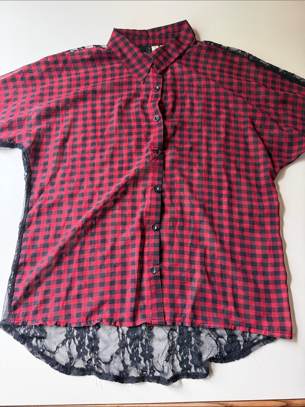 Eyeshadow Sheer Button Down Shirt in Red & Black Plaid w Black Lace